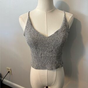 Source Unknown Gray Ribbed Knit V-Neck Spaghetti Strap Crop Top